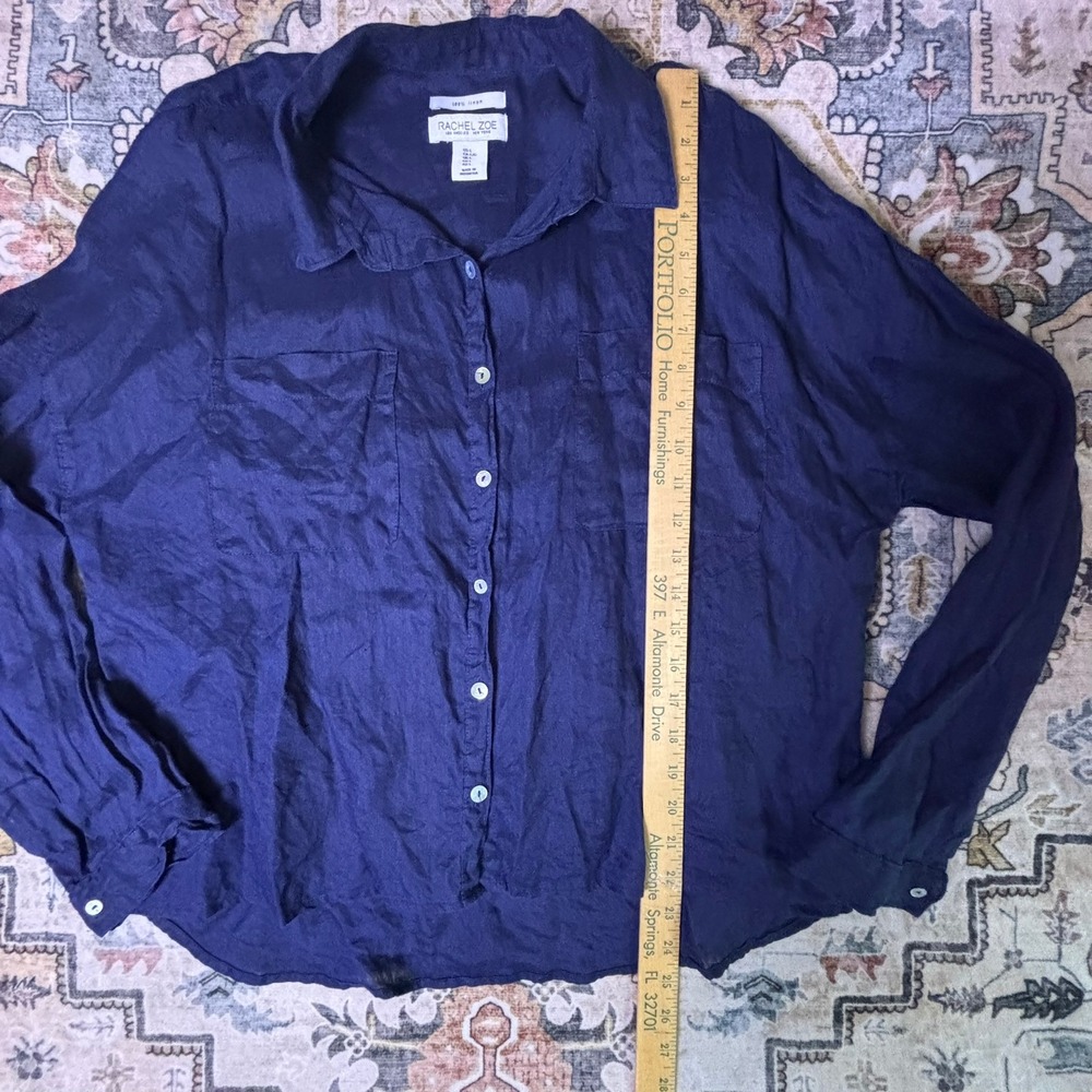 Rachel Zoe Navy Blue 100% Linen Button Down Shirt Womens Large Oversized Summer - Picture 7 of 10